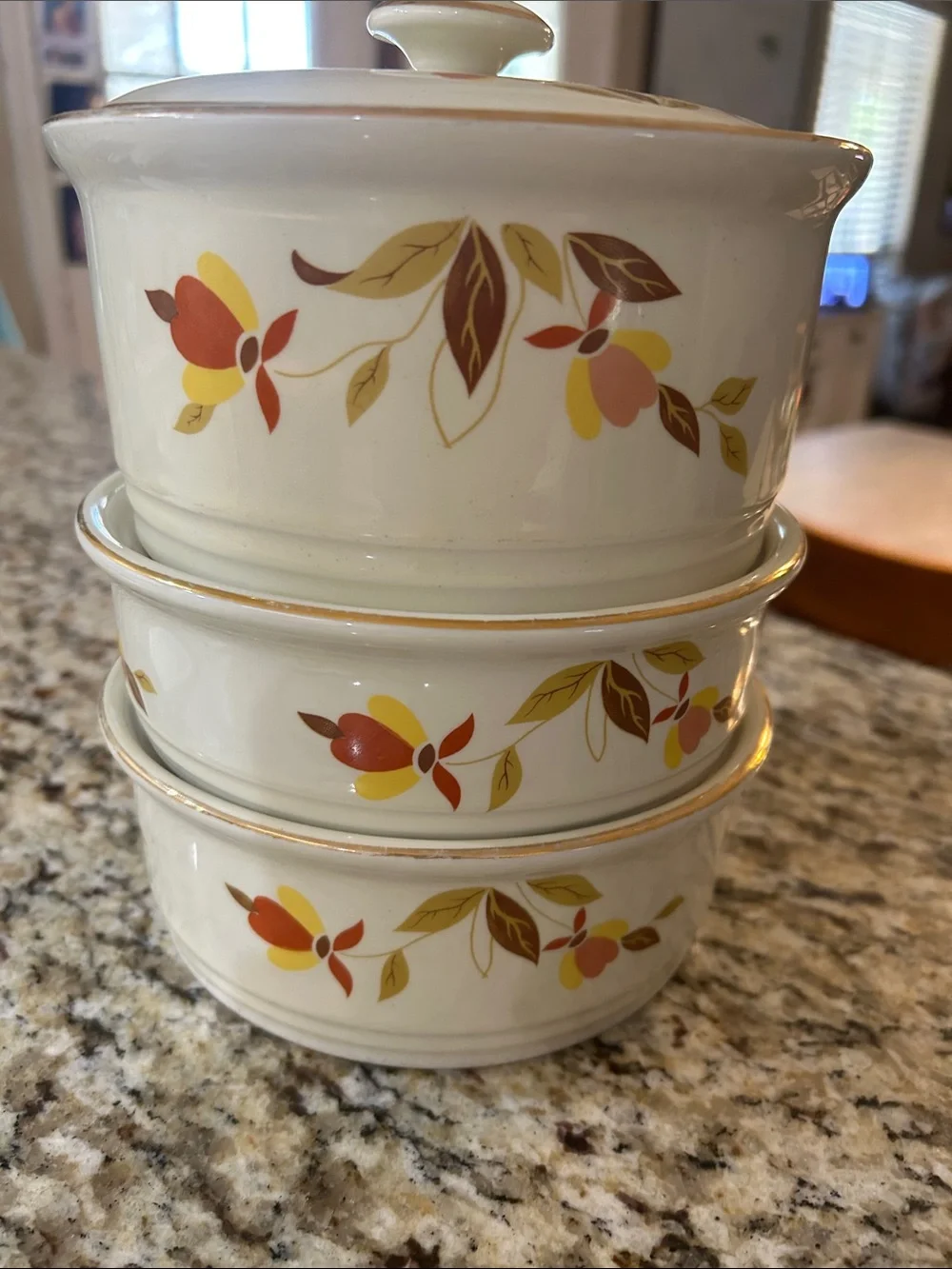 Vintage Hall Jewel Tea Autumn Leaf Set of 3 Stackable Casserole Dish with Lid